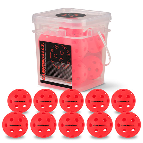 10 red Cannonballz indoor pickleball balls with 26-hole design arranged beneath a clear 10-pack plastic container.