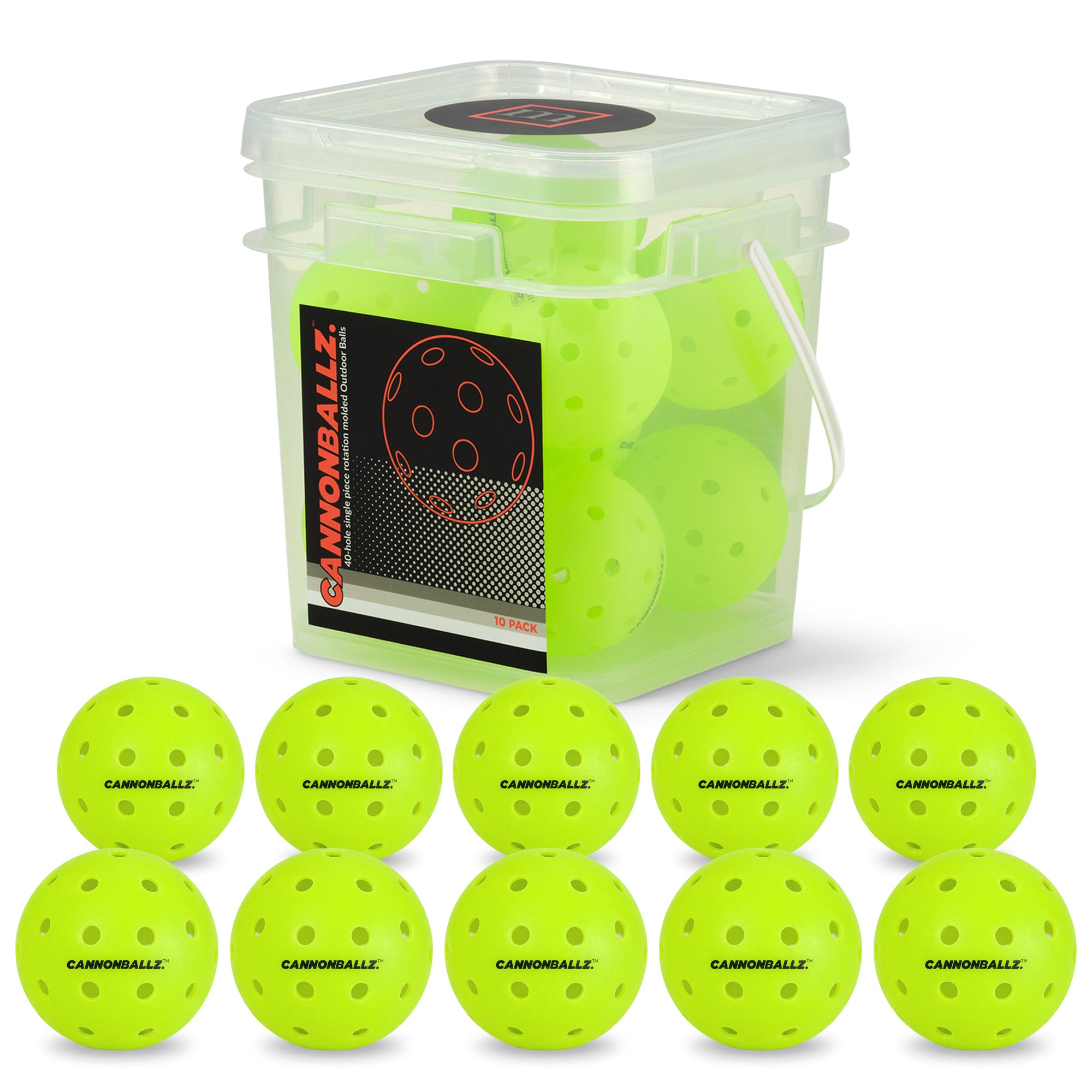 10 green outdoor Cannonballz balls arrayed beneath their clear plastic 10-pack container on a white background.