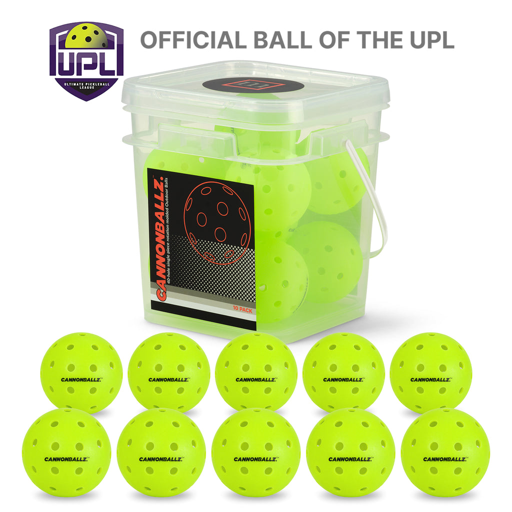 10 green outdoor Cannonballz balls arrayed beneath their 10-pack plastic container against a white background. Above, text that says "Official Ball of the UPL"
