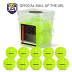 10 green outdoor Cannonballz balls arrayed beneath their 10-pack plastic container against a white background. Above, text that says "Official Ball of the UPL"