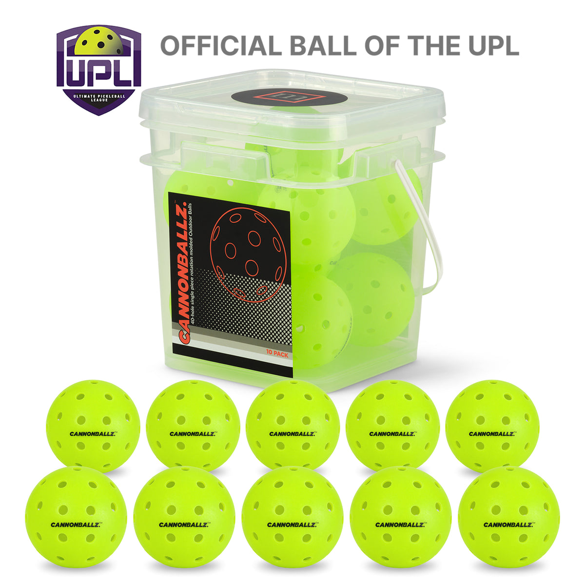 10 green outdoor Cannonballz balls arrayed beneath their 10-pack plastic container against a white background. Above, text that says "Official Ball of the UPL"
