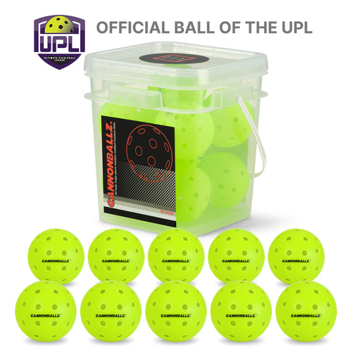 10 green outdoor Cannonballz balls arrayed beneath their 10-pack plastic container against a white background. Above, text that says "Official Ball of the UPL"