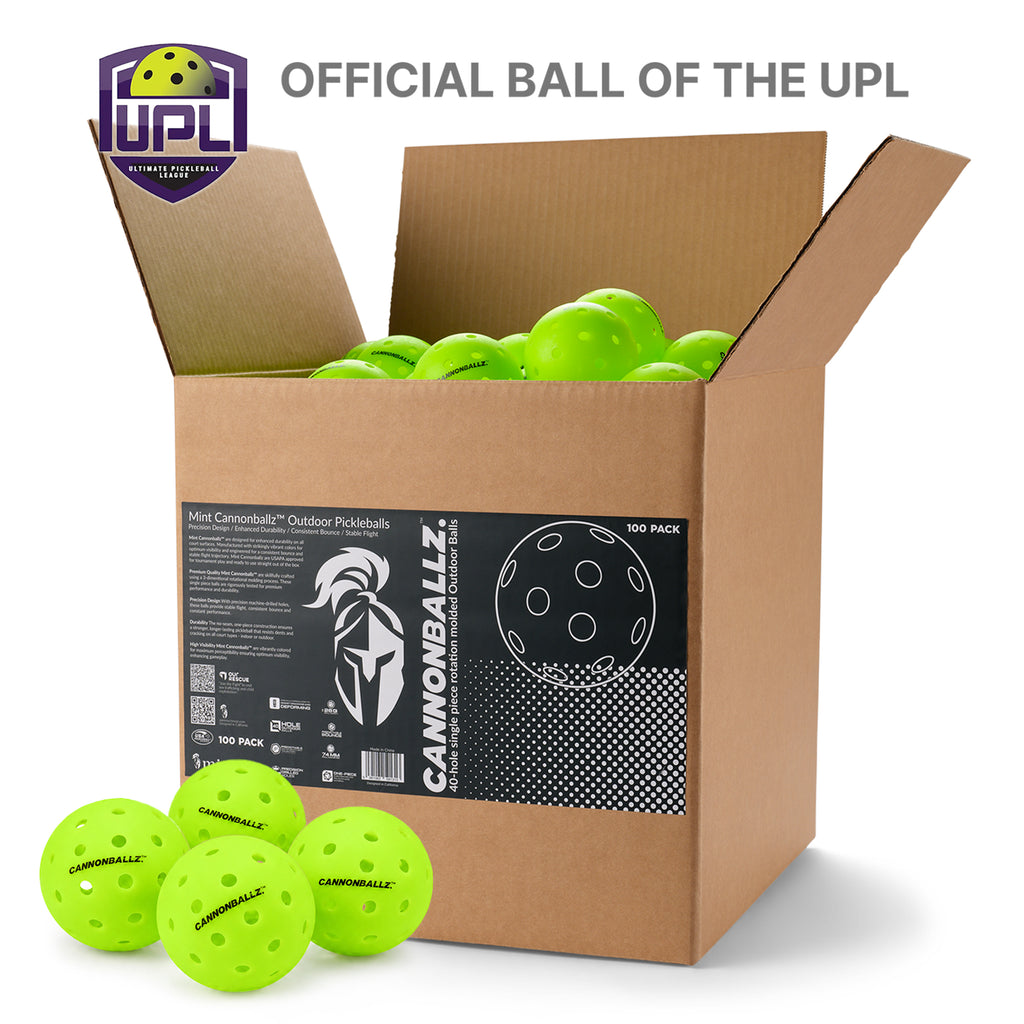 Four green outdoor Cannonballz balls arrayed beneath their 100-pack cardboard box container against a white background. Above, text that says "Official Ball of the UPL".