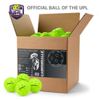 Four green outdoor Cannonballz balls arrayed beneath their 100-pack cardboard box container against a white background. Above, text that says "Official Ball of the UPL".