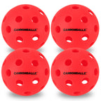 Four bright red Cannonballz  indoor pickleball balls on a white background
