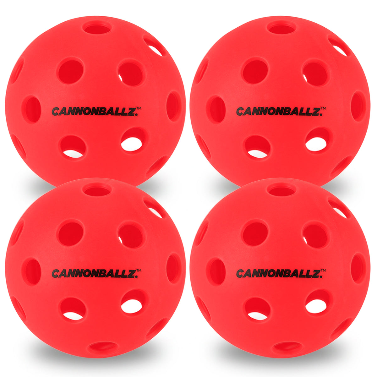 Four bright red Cannonballz  indoor pickleball balls on a white background