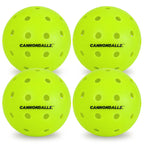 Four bright green outdoor Cannonballz balls on a white background