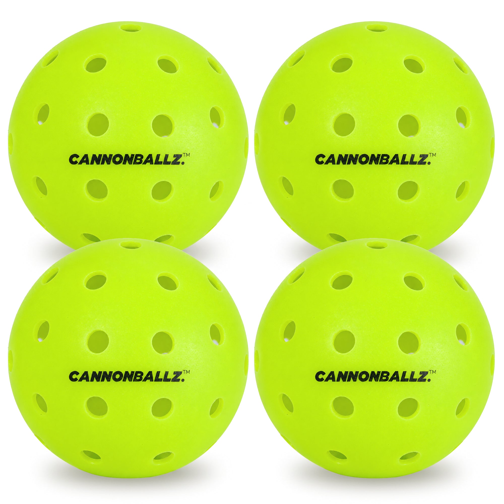 Four bright green outdoor Cannonballz balls on a white background