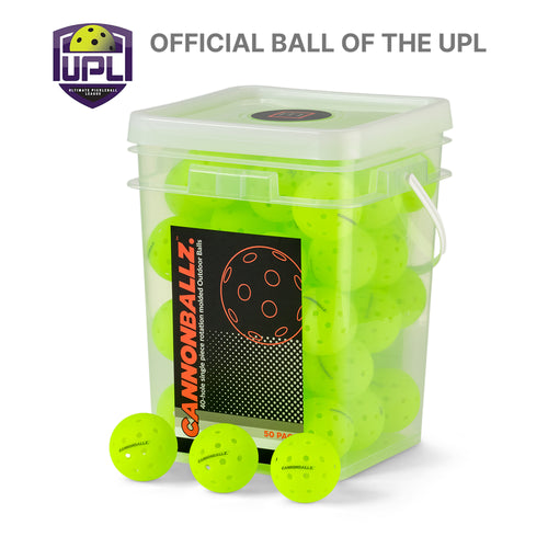 Three green outdoor Cannonballz balls arrayed beneath their 50-pack plastic container against a white background. Above, text that says "Official Ball of the UPL"