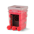 Three red Cannonballz indoor pickleball balls with 26-hole design displayed beneath their 50-pack plastic container.