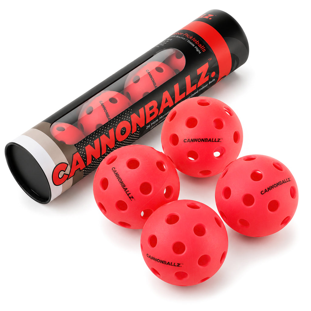 Cannonballz indoor pickleball balls in a four-pack with red 26-hole balls and plastic container.