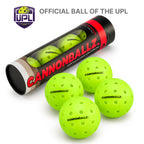 Four green outdoor Cannonballz balls arrayed next to their four-pack plastic container against a white background. Above, text that says "Official Ball of the UPL"