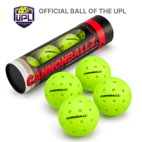 Four green outdoor Cannonballz balls arrayed next to their four-pack plastic container against a white background. Above, text that says "Official Ball of the UPL"