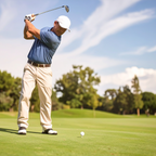 Man playing golf on a green course with trees in the background