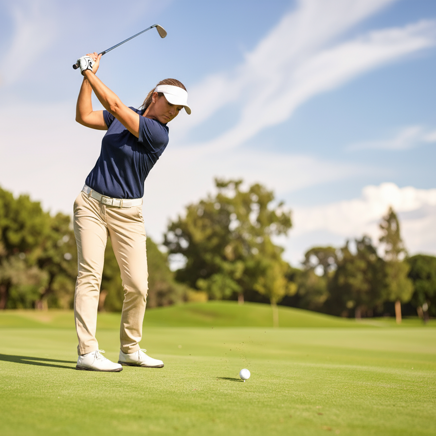 Person playing golf on a green course with trees and blue sky in the background