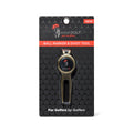 A mintGOLF ball marker and divot tool on a black background with a hexagonal pattern. The product is designed to be used by golfers and has a push-button mechanism for easy eject.