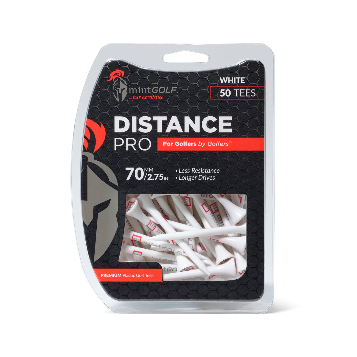 Packaging of mintGOLF Distance Pro Premium Plastic Tees in white color, with 50 tees included.