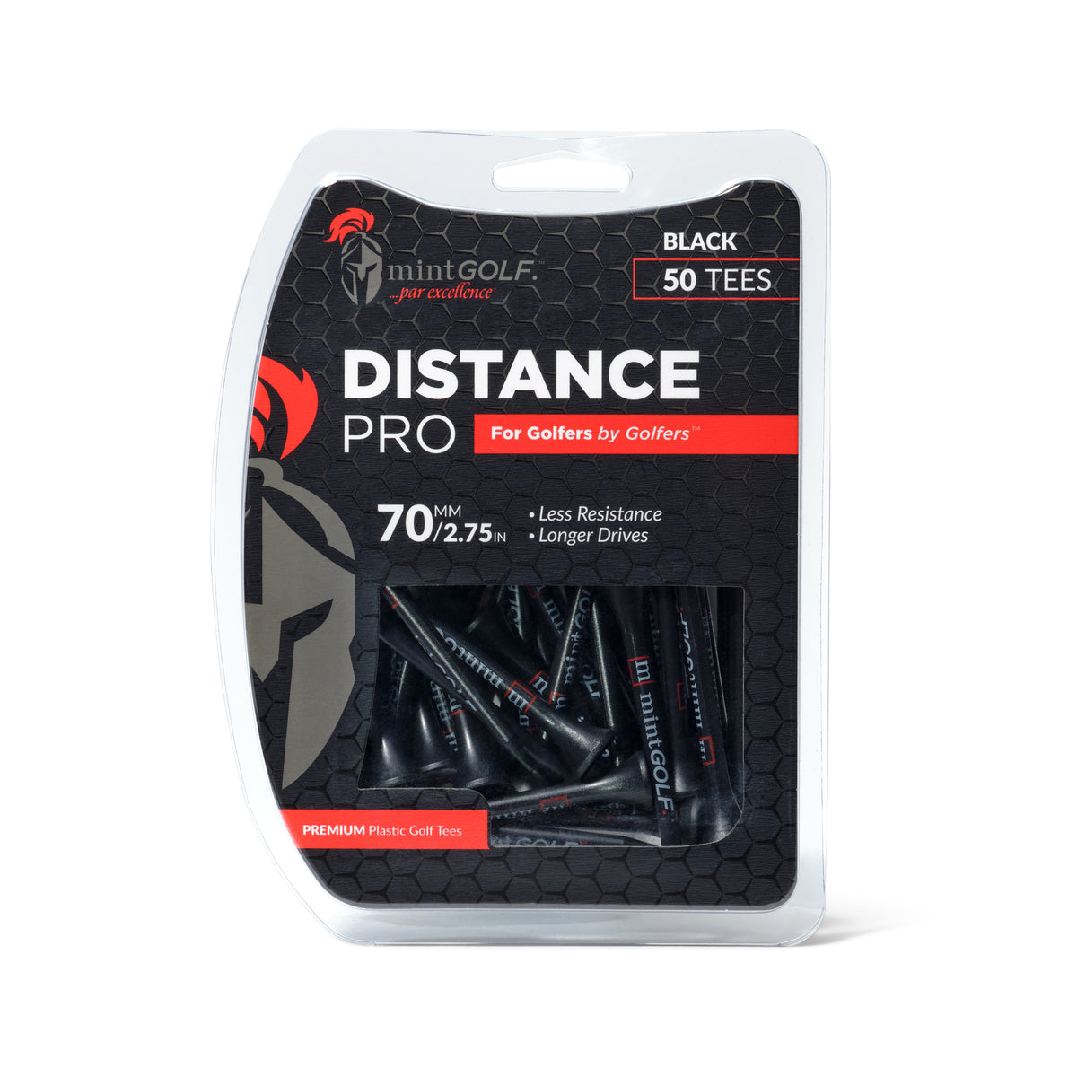Packaging of mintGOLF Distance Pro Premium Plastic Tees in black color, with 50 tees included.