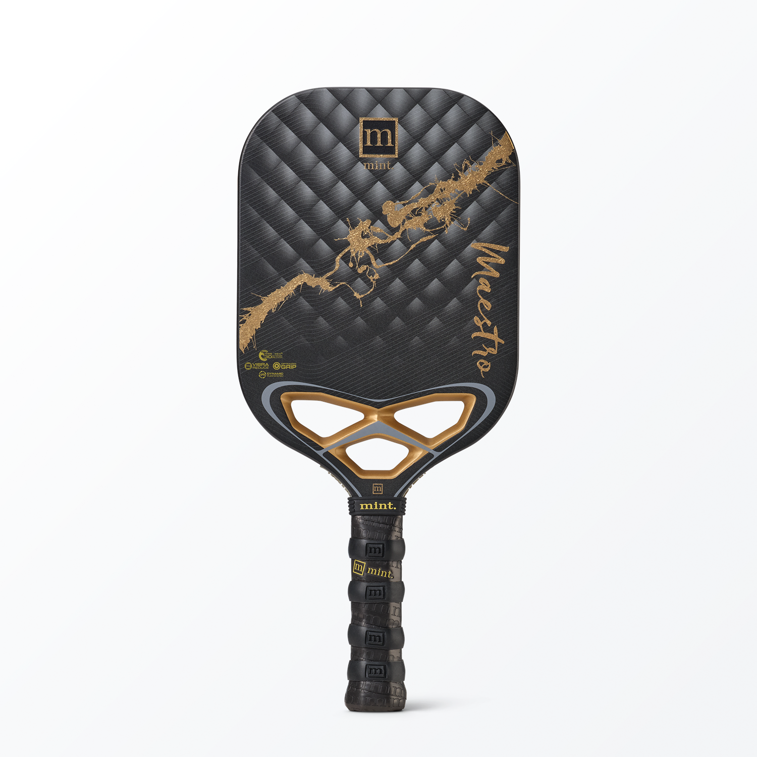 Black and gold pickleball paddle with quilted design on a white background