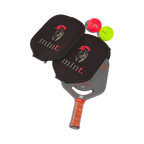 Pickleball paddle with black cover and red and green balls on a white background.