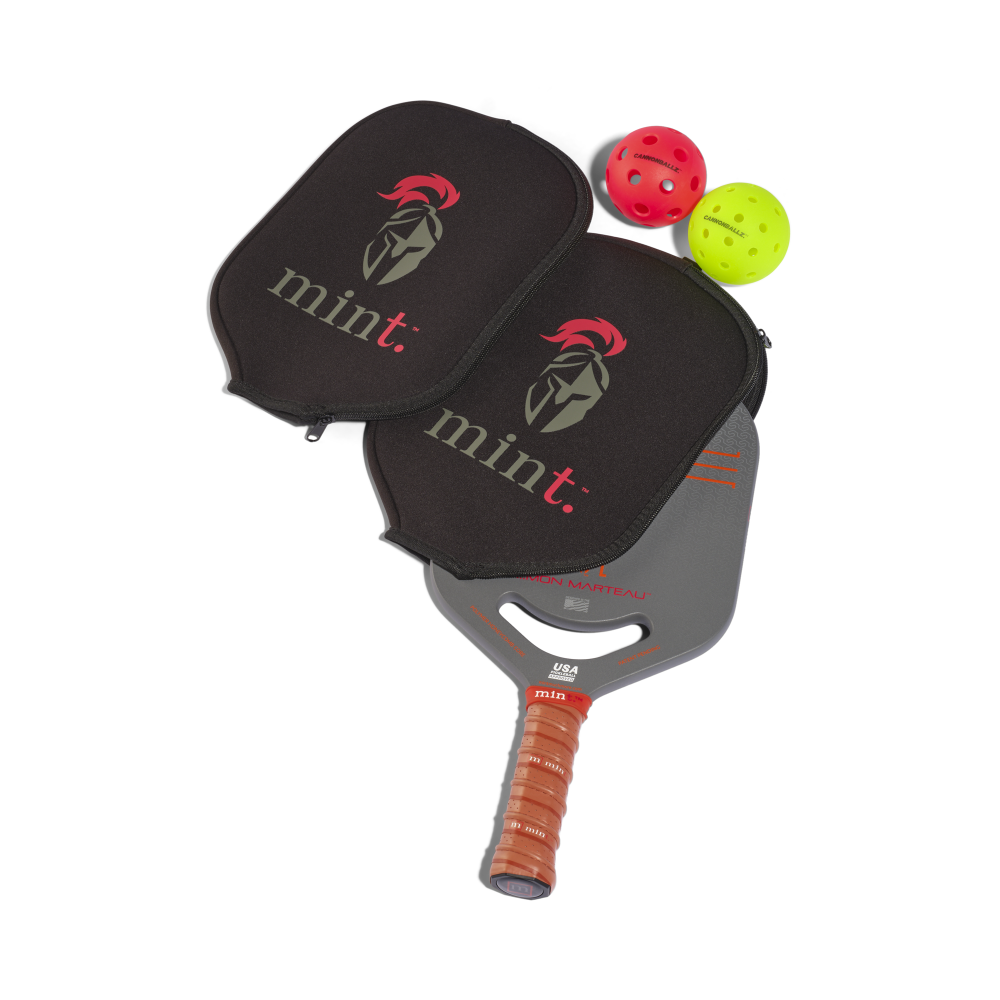 Pickleball paddle with black cover and red and green balls on a white background.