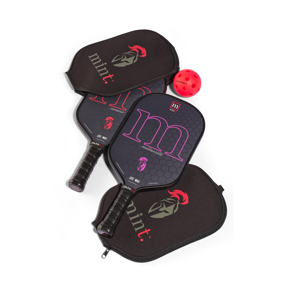 Two pickleball paddles with covers and a red ball on a white background.