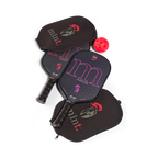 Two pickleball paddles with covers and a red ball on a white background.