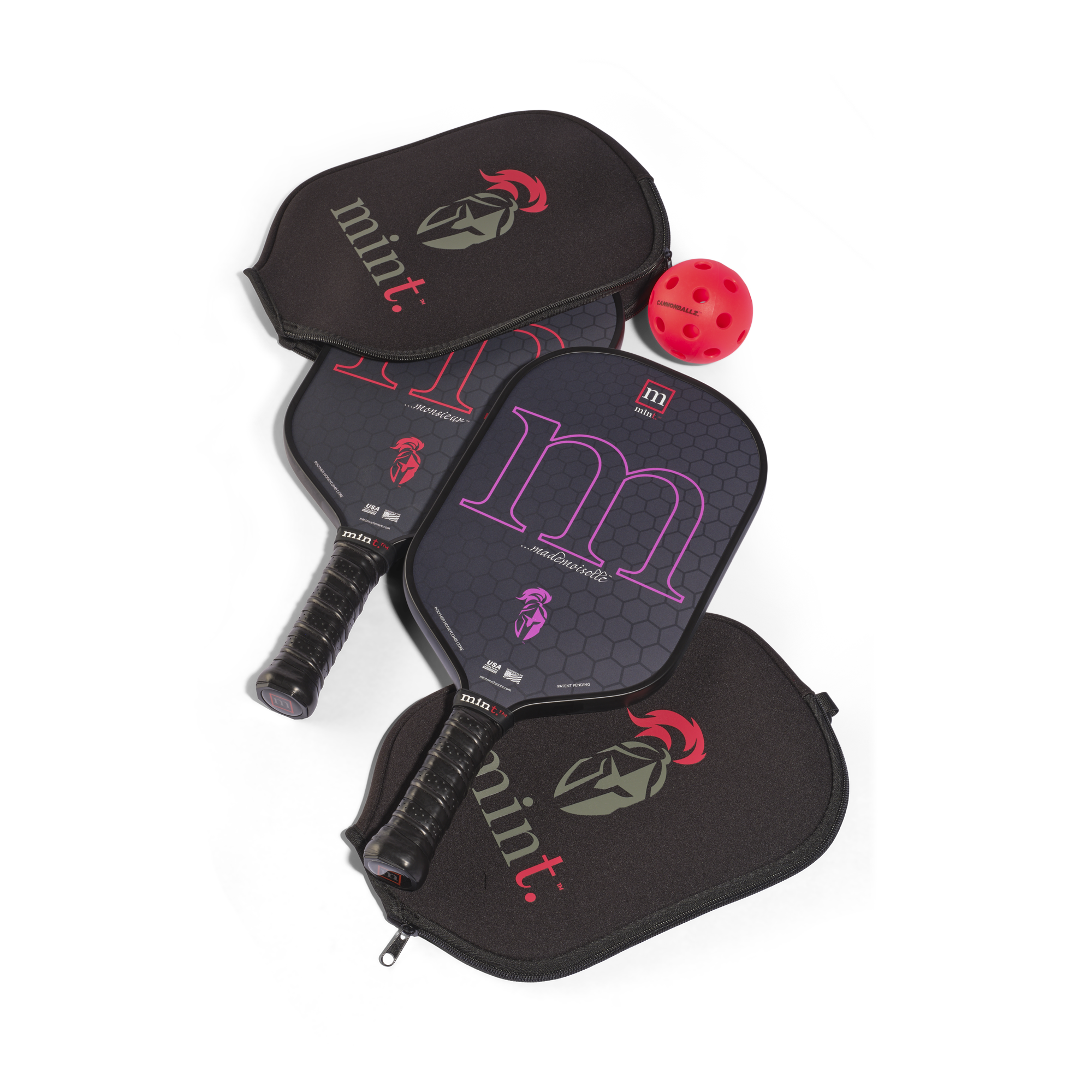 Two pickleball paddles with covers and a red ball on a white background.