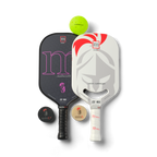 Two pickleball paddles with a ball and two paddle erasers on a white background