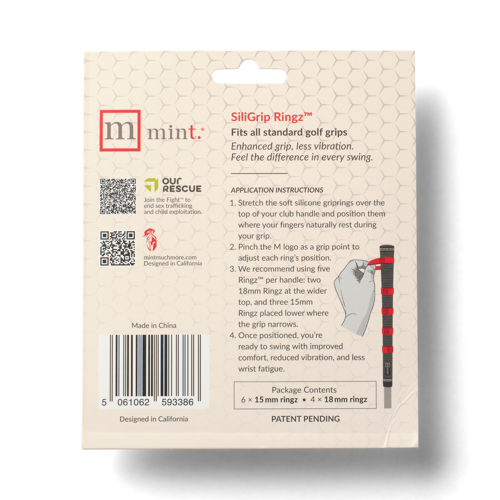 The back of the SiliGrip Ringz golf grip product packaging.