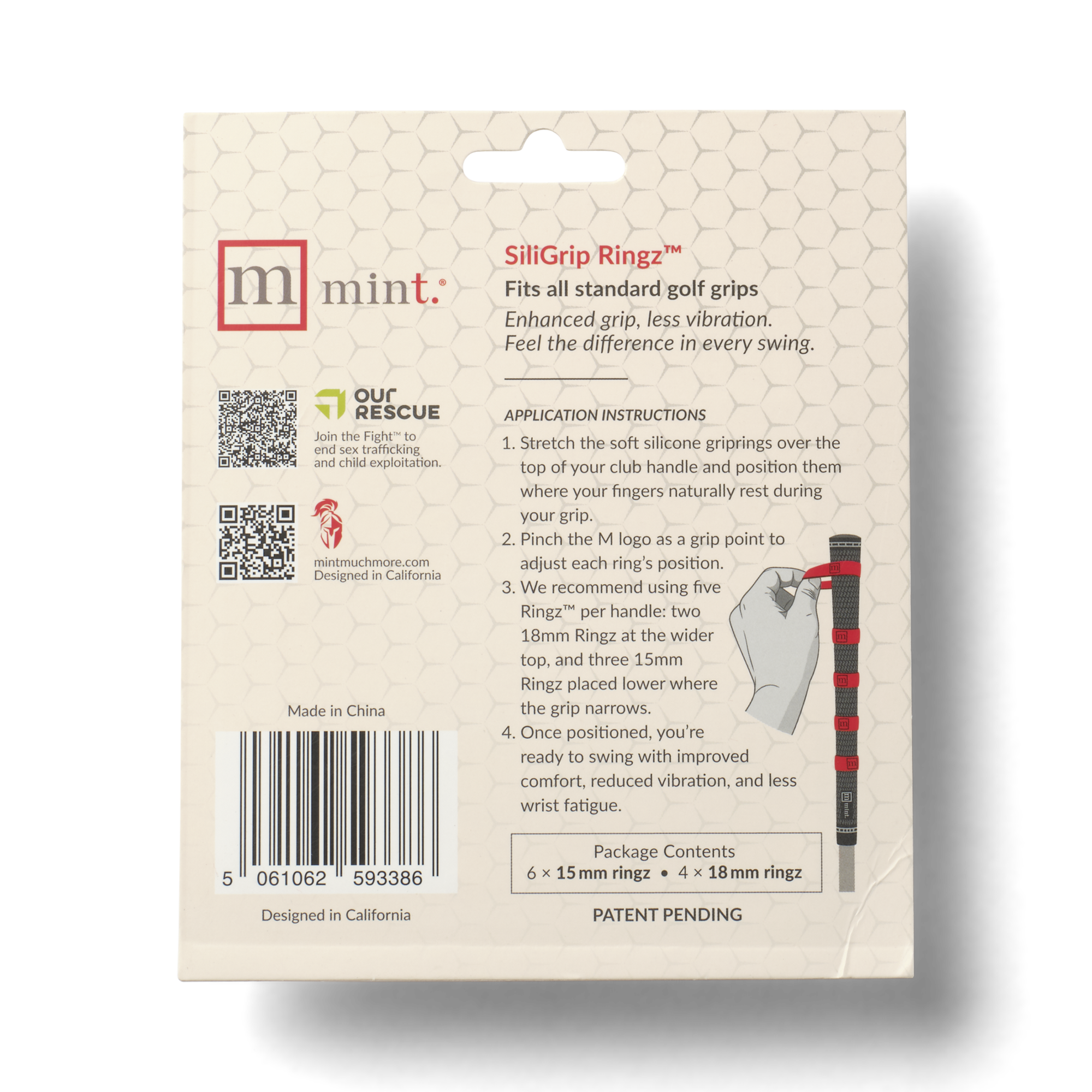 The back of the SiliGrip Ringz golf grip product packaging.