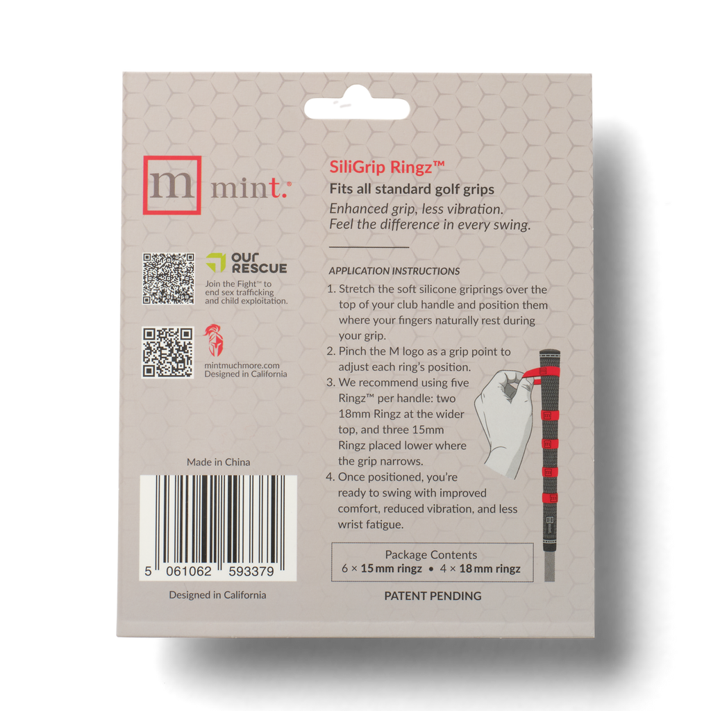 The back of the SiliGrip Ringz golf grip product packaging.