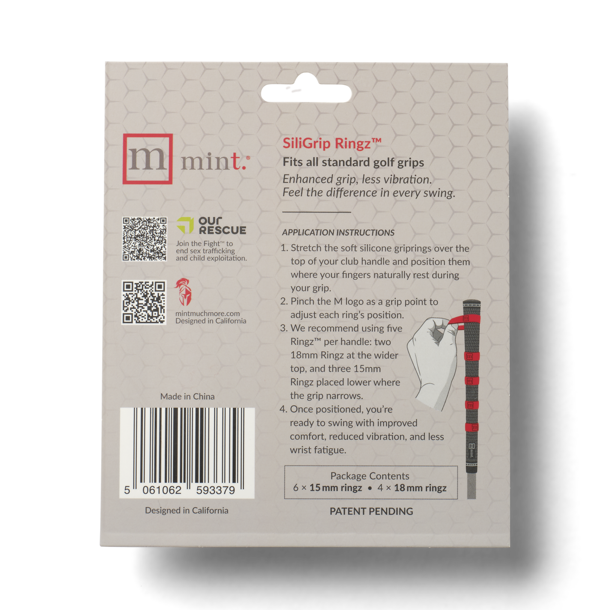 The back of the SiliGrip Ringz golf grip product packaging.