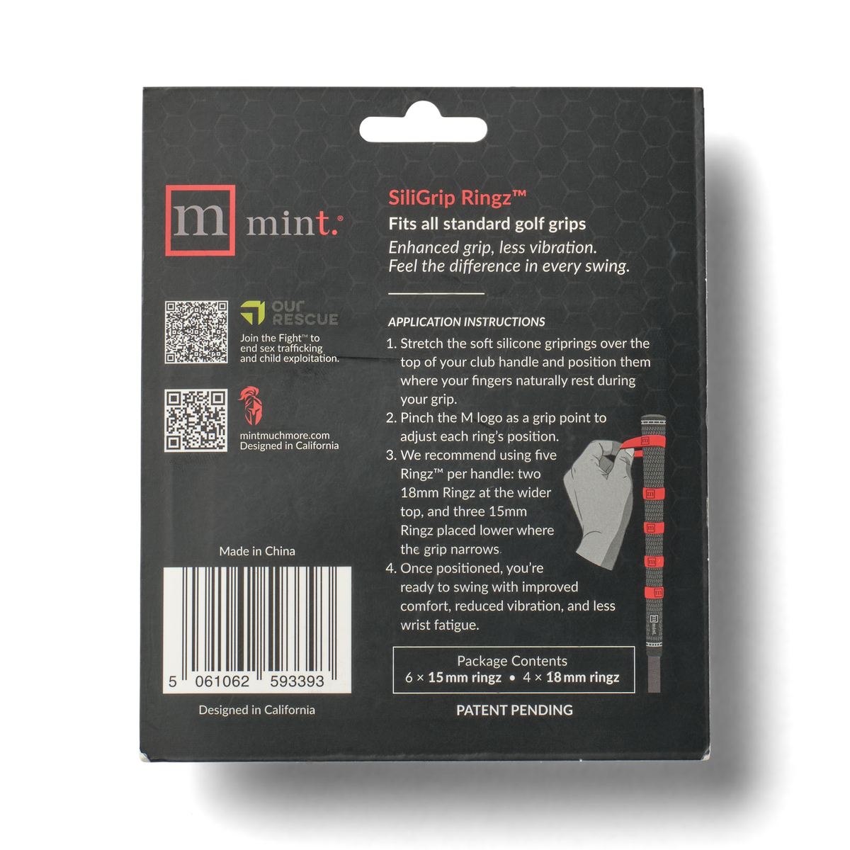 The back of the SiliGrip Ringz golf grip product packaging.