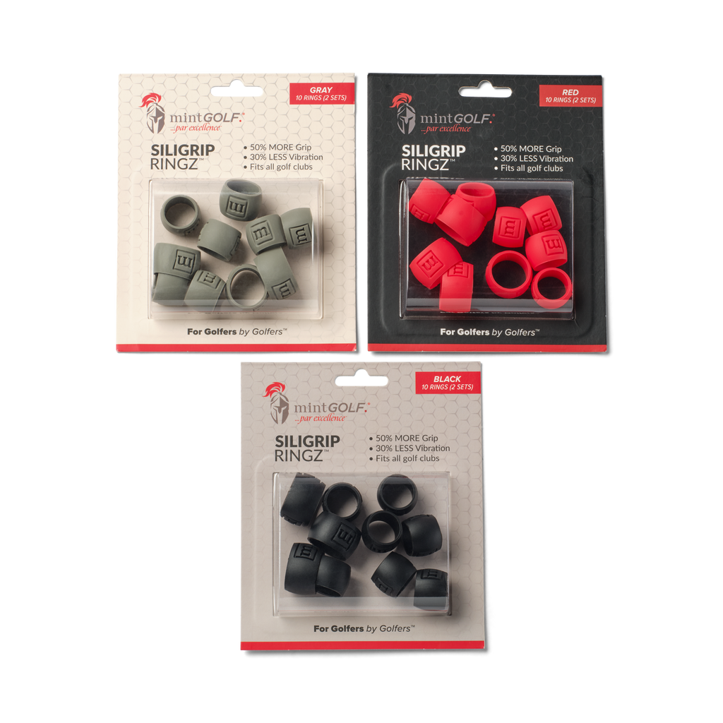 Three packages of Siligrip Ringz golf club grips in gray, red, and black on a white background.