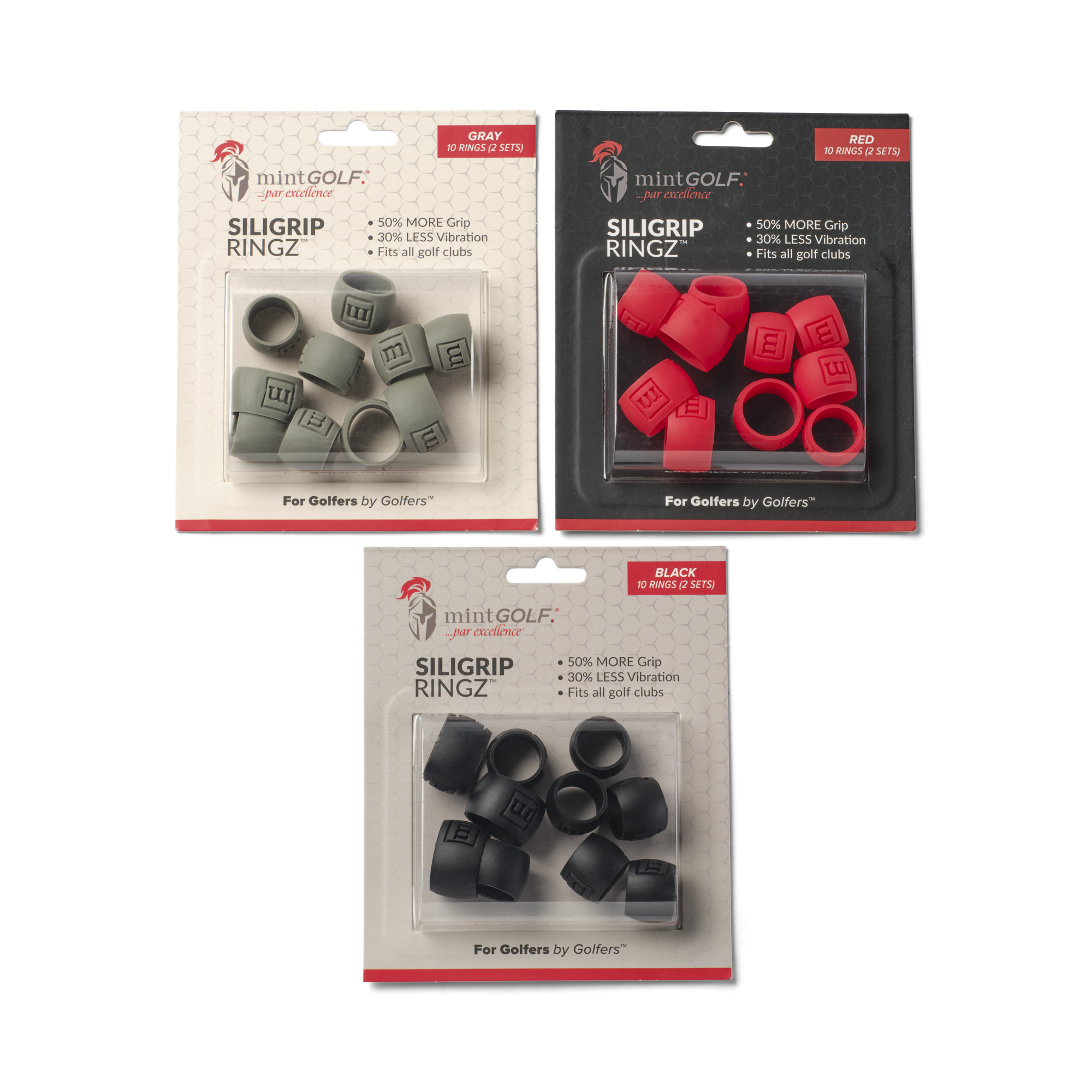 Three packages of Siligrip Ringz golf club grips in gray, red, and black on a white background.