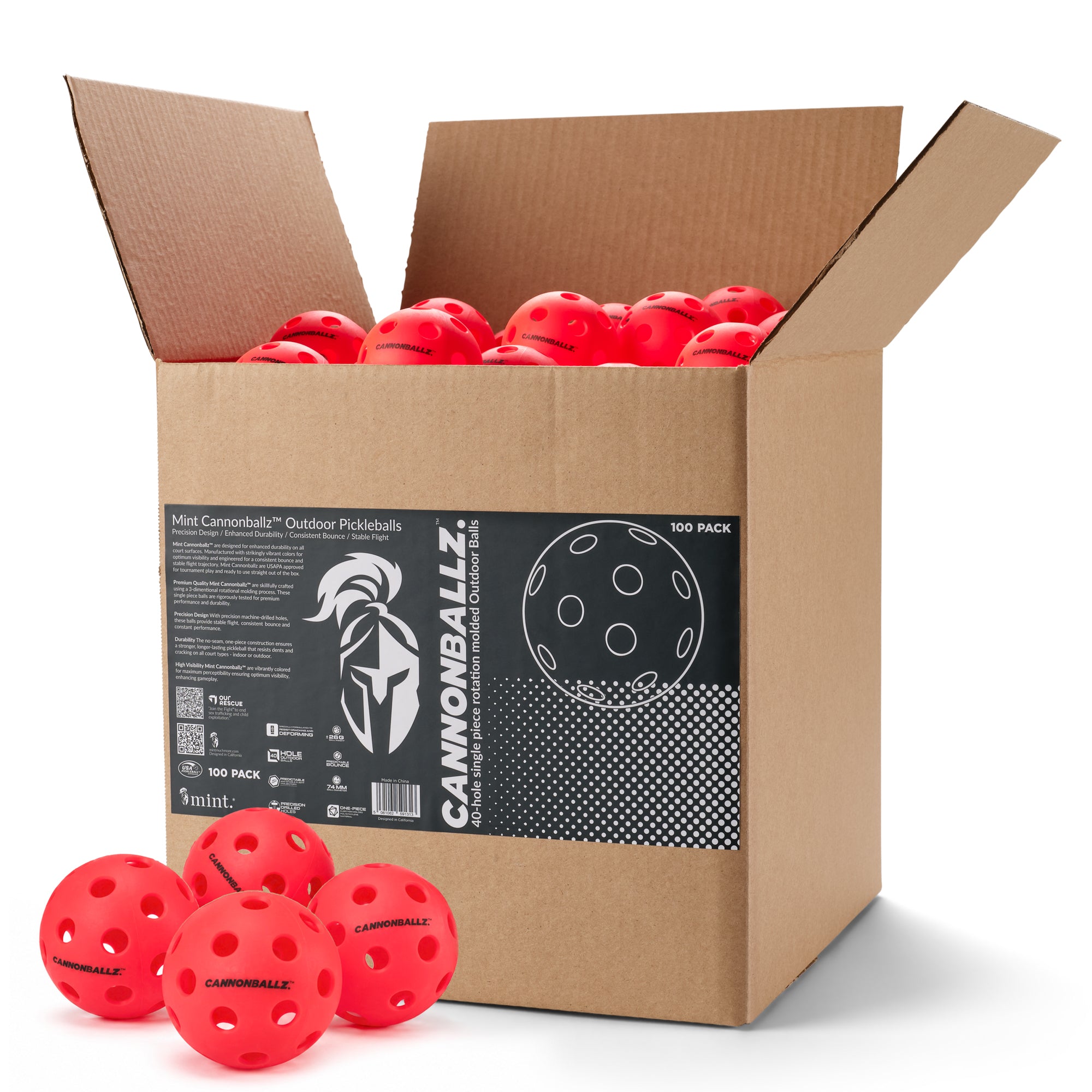 Four red Cannonballz indoor pickleball balls with 26-hole design displayed beneath their 100-pack cardboard box.