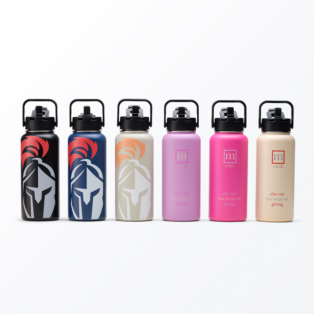 Set of colorful water bottles with different designs on a white background