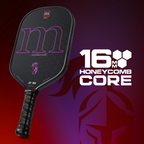 Pickleball paddle with 'm' logo on a dark background