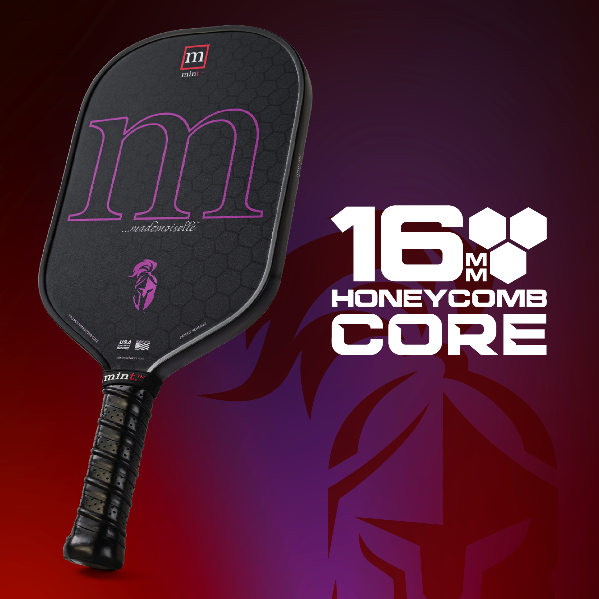 Pickleball paddle with 'm' logo on a dark background