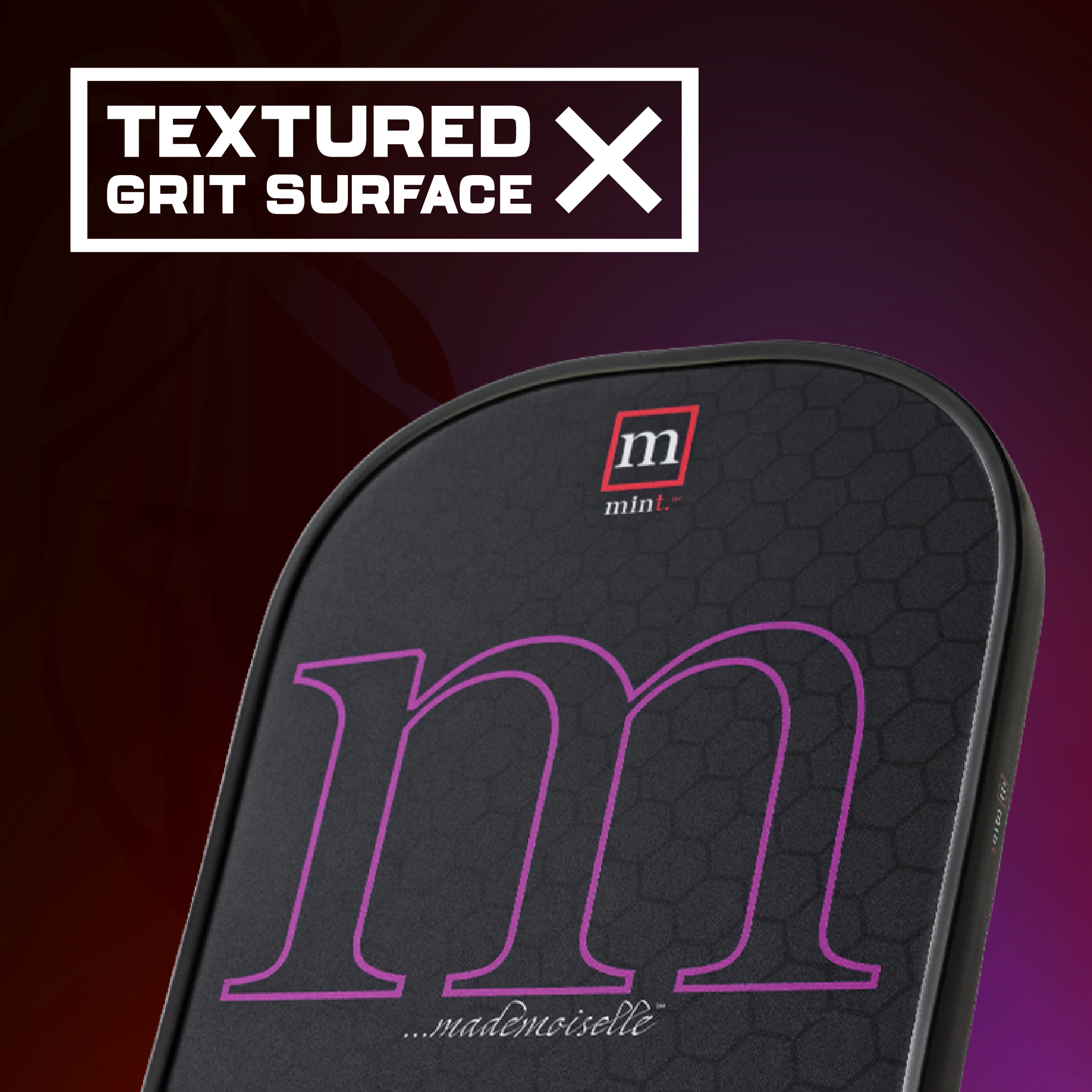 Black textured product with pink 'm' logo on a gradient background