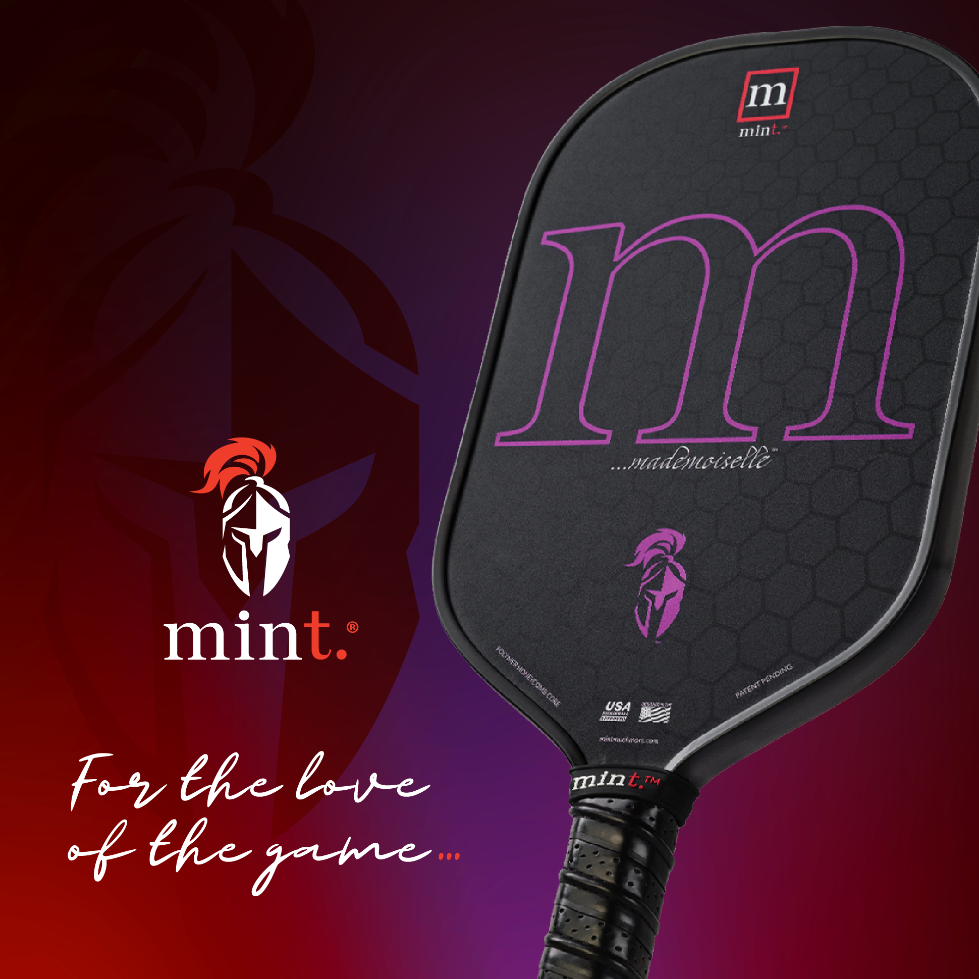 Pickleball paddle with 'mint' branding on a dark background