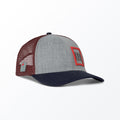 A gray and burgundy trucker hat with a mesh back and a 3D embroidered logo on the front.