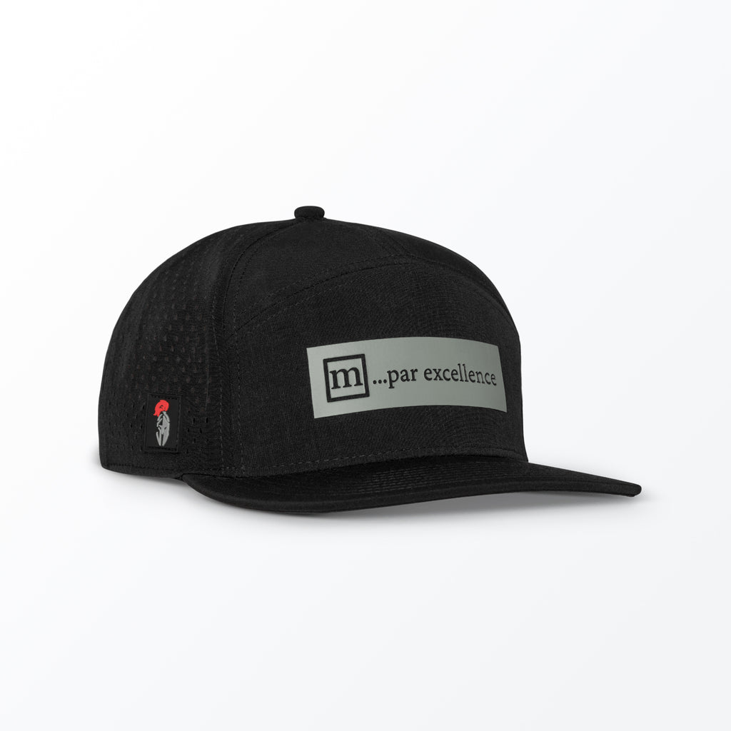 A black trucker hat with a label that reads 'm... par excellence' on the front panel, featuring a small red logo on the side.