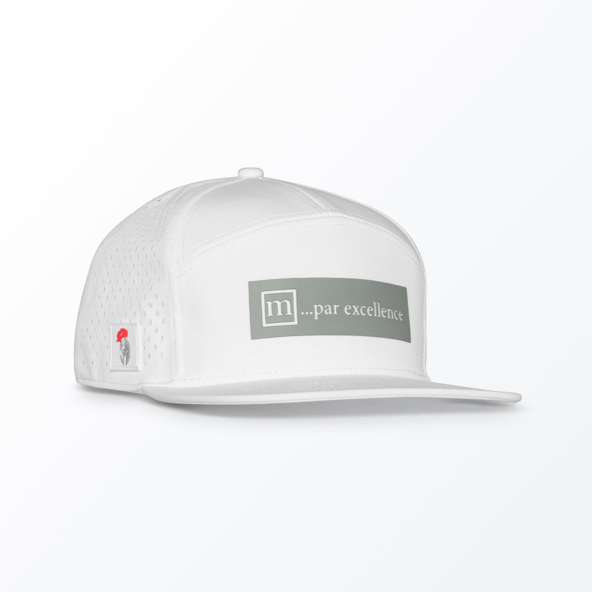 A white trucker hat with a logo that reads '...par excellence' on the front panel, featuring a ventilation grid.