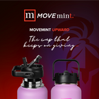 Two purple water bottles with black lids on a dark background featuring the Move Mint brand.