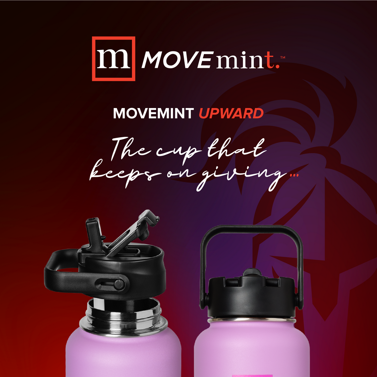 Two purple water bottles with black lids on a dark background featuring the Move Mint brand.