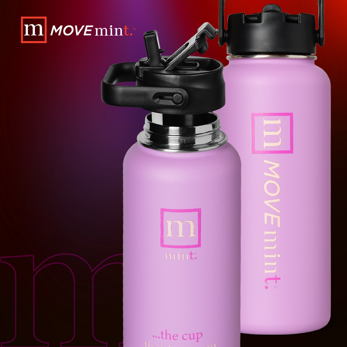 Two purple water bottles with black lids on a dark red background, featuring the 'm MOVEmint' brand.