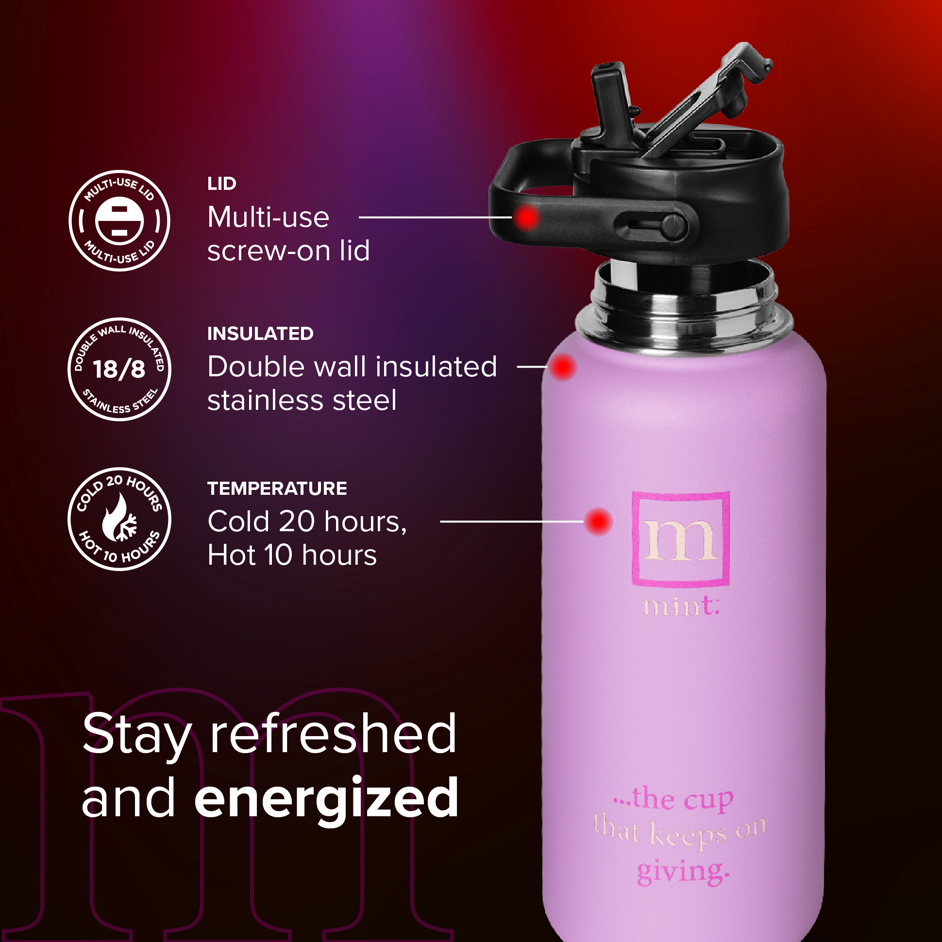 Purple insulated water bottle with features highlighted on a dark background