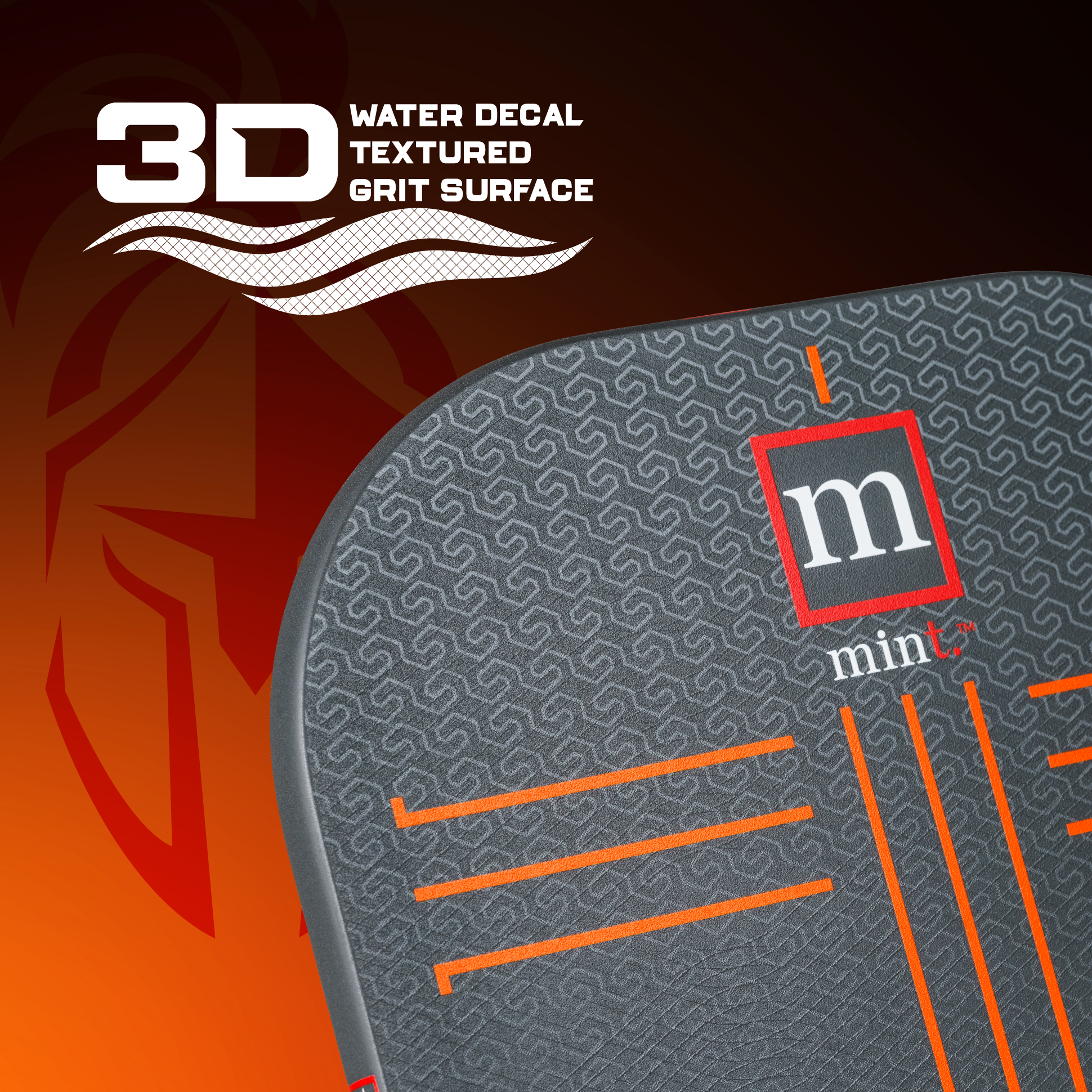Pickleball racket with textured grip surface and 'mint' branding on an orange and brown gradient background.